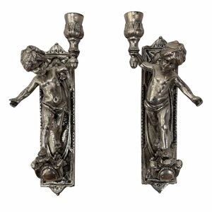 Pair of Italian Cherubines Jennini Wall Sconces Silver 11.5"
